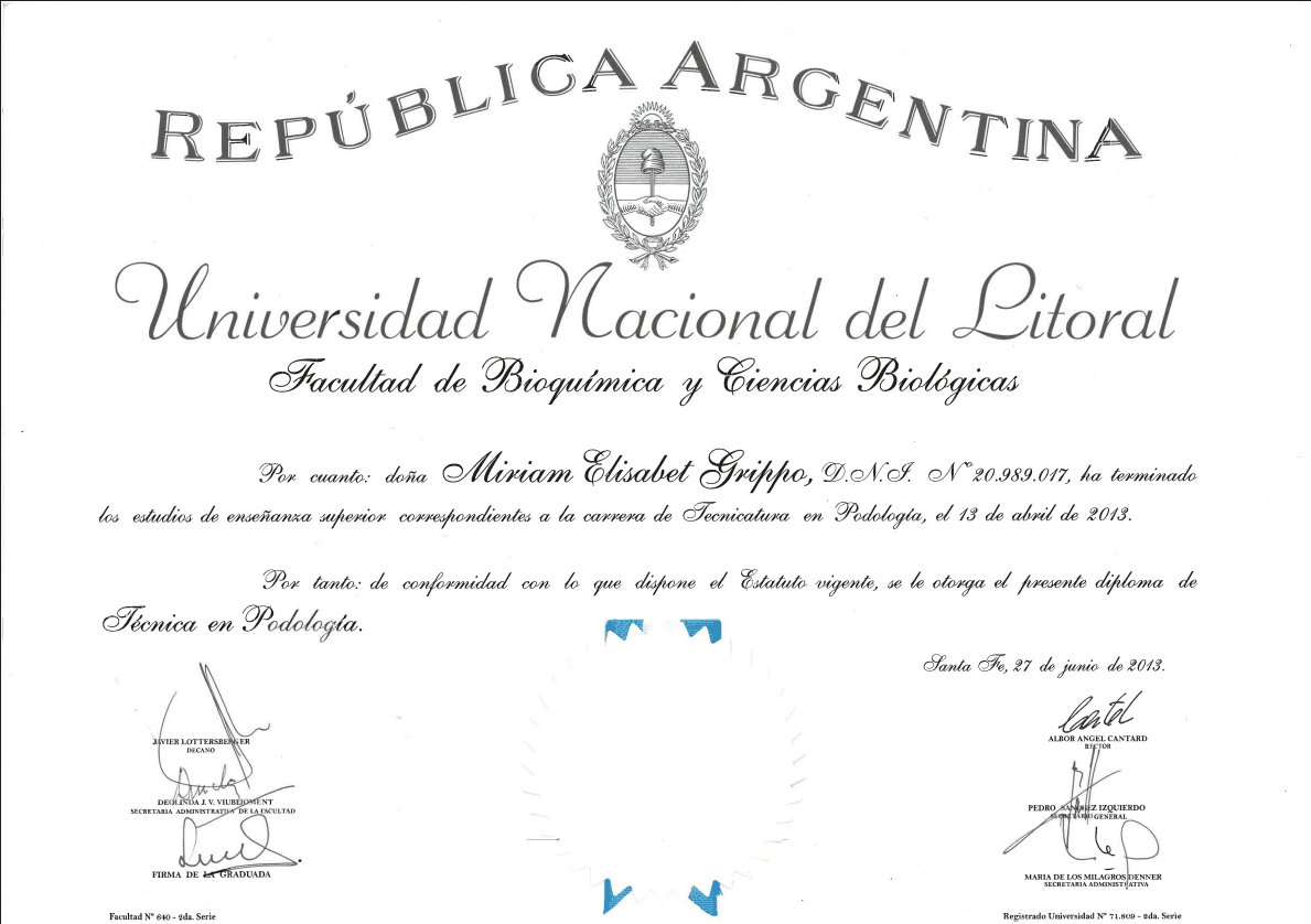Título de Tecnicatura en Podología - Universidad Nacional del Litoral